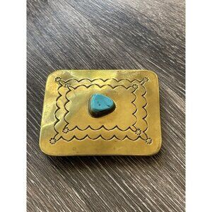 Navajo Yellow Brass Turquoise Women’s Belt Buckle Flower Engraved Signed ER
